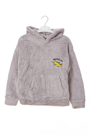 Gri Renkli Uyuyan Kedi Detayli Cepli Kapusonlu Monday Nakisli Kaliteli Uzun Kollu Sweatshirt