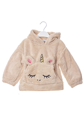 Kum Renkli Unicorn Nakisli Cepli Kaliteli Organik Uzun Kollu Kapusonlu Sweatshirt Kiyafet