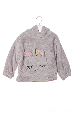 Gri Renkli Unicorn Nakisli Cepli Kaliteli Organik Uzun Kollu Kapusonlu Sweatshirt Kiyafet