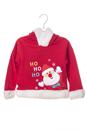 Kirmizi Renkli Noel Baba Baskili Nakisli Pamuklu Uzun Kollu Kapusonlu Alt Ust Cocuk Takim