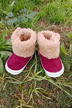 Bordo Renkli İci Pamuklu Cirtli Bantli Kapamali Organik Unisex Cocuk Bebek İlkadim Patik Panduf