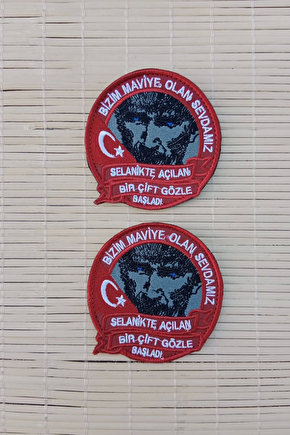Ataturk Resimli Kirmizi Zemin Nakis İslemeli Bizim Maviye Olan Sevdamiz Arma Pec Patch