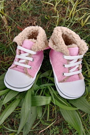 Pembe Renkli Converse Model İci Polarli Organik Cocuk Bebek İlkadim Bagcikli Patik Sneaker Casual Ayakkabi