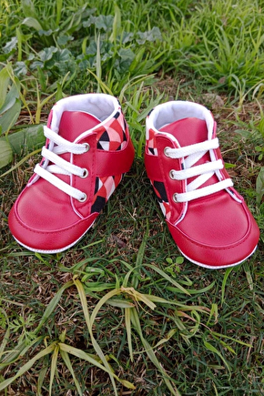 Kirmizi Renkli İci Pamuklu Organik Cocuk Bebek İlkadim Bagcikli Patik Sneaker Casual Ayakkabi