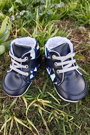 Lacivert Renkli İci Pamuklu Organik Cocuk Bebek İlkadim Bagcikli Patik Sneaker Casual Ayakkabi