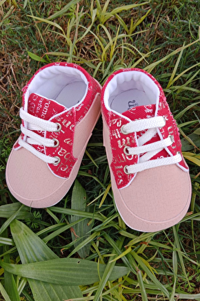Somon Kirmizi Renkli İci Pamuklu Organik Ortopedik Cocuk Bebek İlkadim Bagcikli Patik Kanvas Sneaker Casual Ayakkabi