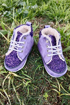 Eflatun Renkli İci Polarli Organik Ortopedik Cocuk Bebek İlkadim Bagcikli Patik Kanvas Sneaker Casual Ayakkabi