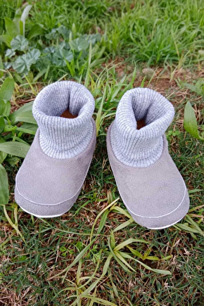Gri Renkli İci Pamuklu Astarli Corapli Model Organik Ortopedik Cocuk Bebek İlkadim Patik Panduf Ayakkabi
