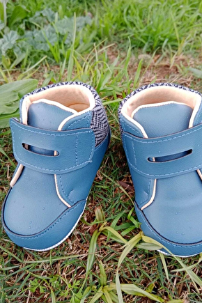 Lacivert Renkli İci Pamuklu Cirtli Bantli Kapamali Organik Unisex Cocuk Bebek İlkadim Patik Ayakkabi