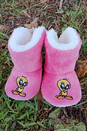 Fusya Renkli Tweety Sylvester Nakisli İci Pamuklu Organik Hafif Taban Ortopedik Cocuk Bebek İlkadim Patik Panduf