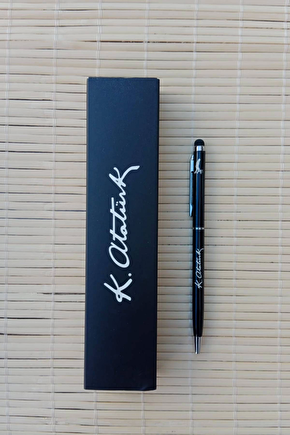 Gazi Mustafa Kemal İmzali Siyah Renkli Lazer Baskili Metal Govdeli Touchpen Tukenmez Kalem