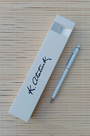 Gazi Mustafa Kemal İmzali Beyaz Renkli Lazer Baskili Metal Govdeli Touchpen Tukenmez Kalem