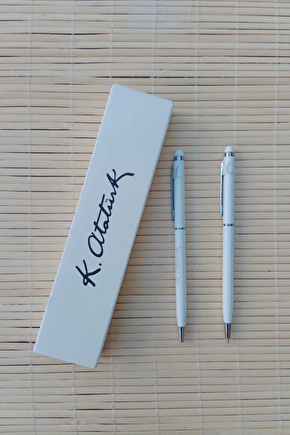 Gazi Mustafa Kemal İmzali Beyaz Renkli Lazer Baskili Metal Govde Touchpen Tukenmez Kalem
