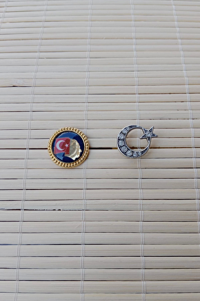 2 Adet Ata Rozeti Beyaz Tasli Ayyildiz Sarrafiyeli Taki Ceket Yaka İgnesi Yaka Rozeti