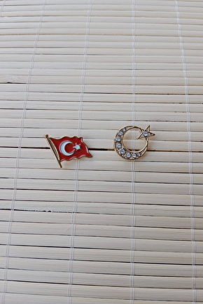 2 Adet Dalgalanan Bayrak Ve Tasli Sari Renkli Ayyildiz Sarrafiyeli Taki Ceket Yaka İgnesi Yaka Rozeti