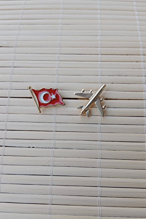 2 Adet Dalgalanan Bayrak Ve Sari Renkli Ucak Maketli Sarrafiyeli Taki Ceket Yaka İgnesi Yaka Rozeti