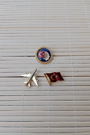 3 Adet Ata Rozeti Sari Renkli Ucak Maketli Dalgalanan Bayrak Sarrafiyeli Taki Ceket Yaka İgnesi Yaka Rozeti