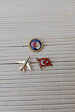 3 Adet Ata Rozeti Dalgalanan Bayrak Sari Renkli Ucak Maketli Sarrafiyeli Taki Ceket Yaka İgnesi Yaka Rozeti