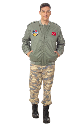 Hava Kuvvetleri Sedef Yesili Renkli 4 Cepli Uzun Kollu Fermuarli Citcitli İc Cepli Orjinal Pilot Mont Ceket Kamuflaj Pan