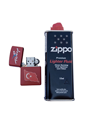 Ozel Tasarim Kirmizi Renkli Benzinli Turkiye Yazili Ayyildiz Bayrakli Premium Zippo Cakmak