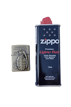 Ozel Tasarim Altin Sarisi Renkli Benzinli Grenade Free Zone Yazili Kabartmali El Bombasi Desenli Premium Zippo Cakmak