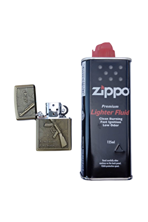 Ozel Tasarim Sari Renkli Ak-47 Tufekli Kabartmali Premium Zippo Cakmak