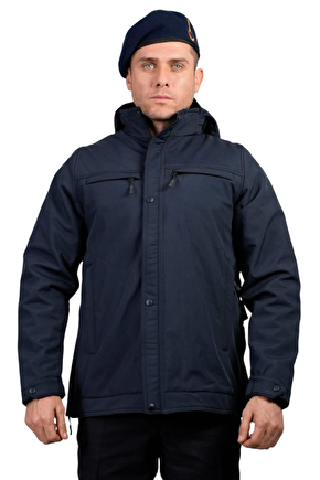 Jandarma Asayis Lacivert Renkli 5 Cepli Uzun Kollu Soguk Gecirmez Softshell Kapusonlu Taktik Mont