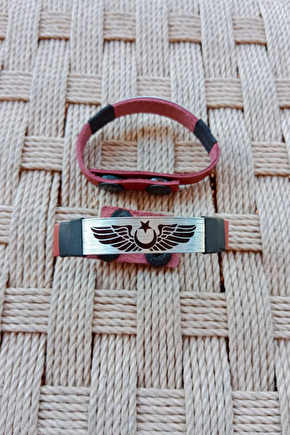 Kirmizi Renkli Pilot Brovesi Logolu Hakiki Deri Hediyelik Bileklik