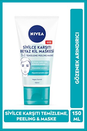 3in1 Sivilce Karşıtı Beyaz Kil Maskesi 150ml, Temizleyici, Peeling, Maske, Gözenek Arındırıcı
