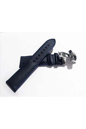 Her Saate Uygun Kelebek Toka 22 mm Hakiki Deri (233) GUMUŞ TOKA MAVİ