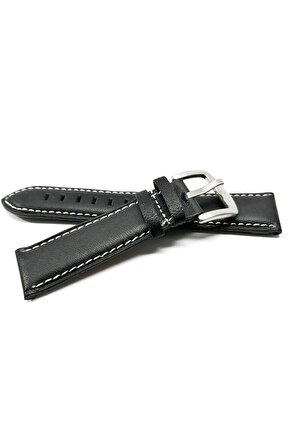 &Her Saate Uyumlu Hakiki Siyah Beyaz Dikişli   Deri Saat Kordonu 22   mm  (44)