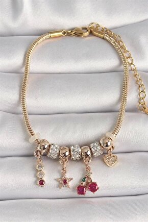 316L Çelik Gold Renk Zincir Sallantı Zirkon Taşlı Kiraz Figür Kalp Detay Kadın Bileklik