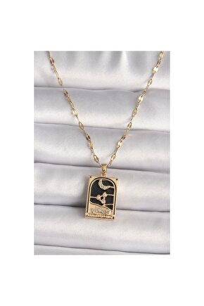 316L Çelik Gold Renk Zirkon Taşlı Ay Figürlü Tarot Model Kadın Kolye