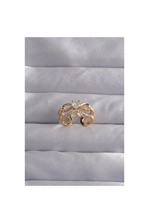 Pirinç Ayarlamalı Gold Renk Zirkon Taşlı 2li Görünüm Fiyonk Yüzük