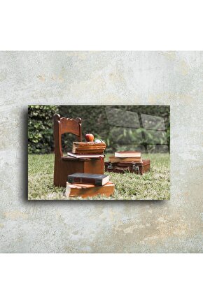 Cam Duvar Tablosu Vintage Kitaplı Doğa Kompozisyonu