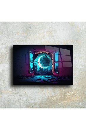 Neon Ay Manzaralı Fantastik Cam Tablo