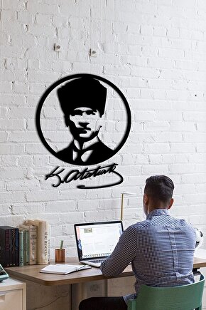 Siyah Atatürk Portresi Ve Imzası Dekor Tablo Mdf Ahşap Lazer Kesim Duvar Panosu 3mm 65*50