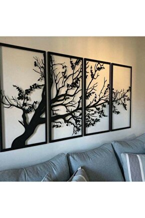 75 X 150 Cm Büyük Boy Dekoratif Son Bahar Siyah 4lü Hayat Ağacı Ahşap Tablo Siyah Renkli