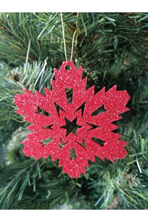 Kırmızı Kar Tanesi Simli Eva Ağaç Ve Hediye Süsü 8x8cm 12 Li