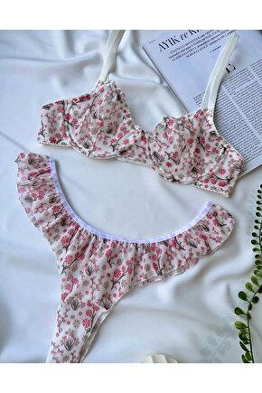 Ekru Romantik Tül Detaylı Kır Çiçeği Desenli Fırfırlı Bralet Sütyen Takımı