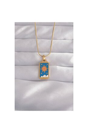 316L Çelik Gold Renk Mavi Mineli Güneş Model Tarot Kolye