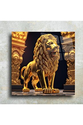 Gold Altın Sarısı Aslan Cam Tablo Duvar Dekoru