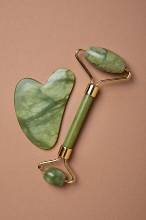 Yeşim Face Roller Ve Yeşim Kalp Gua Sha 2liyüz Masaj Aleti Premium Set