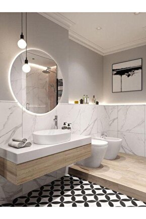 70 Cm Beyaz Ledli Yuvarlak Banyo Aynası Makyaj Aynası Trafolu