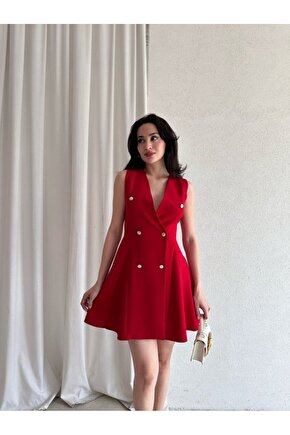 Kadın Kruvaze Yaka Düğmeli Mini Elbise