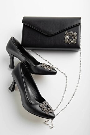 Kadın 7 Cm Topuklu Siyah Cilt Taş Detaylı Çanta Kombinli Stiletto Takımı