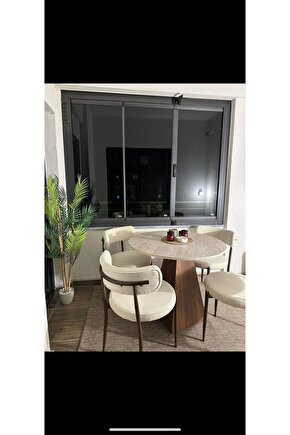 Traverten Desenli 90cm Yuvarlak Masa – Ceviz Ayaklı (Tamamı 18 mm MDF)