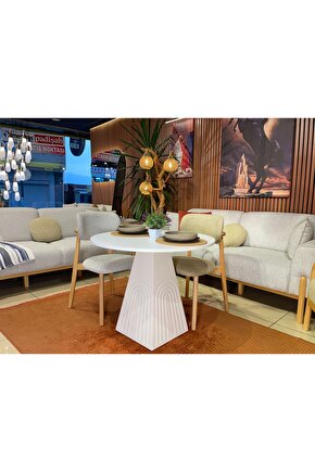 100 cm Yuvarlak Bohem Bej Ahşap Yemek Masası - Bej Krem Mutfak ve Salon Yemek masası