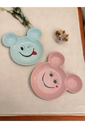 Eğlenceli Çocuk Gülen Yüz Emojili Mama, Yemek, Kahvaltı Ve Pasta Tabağı 2 Adet Pembe-mavi