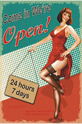 724 açık tabelası pinup kızı dekorasyon tablo retro ahşap poster